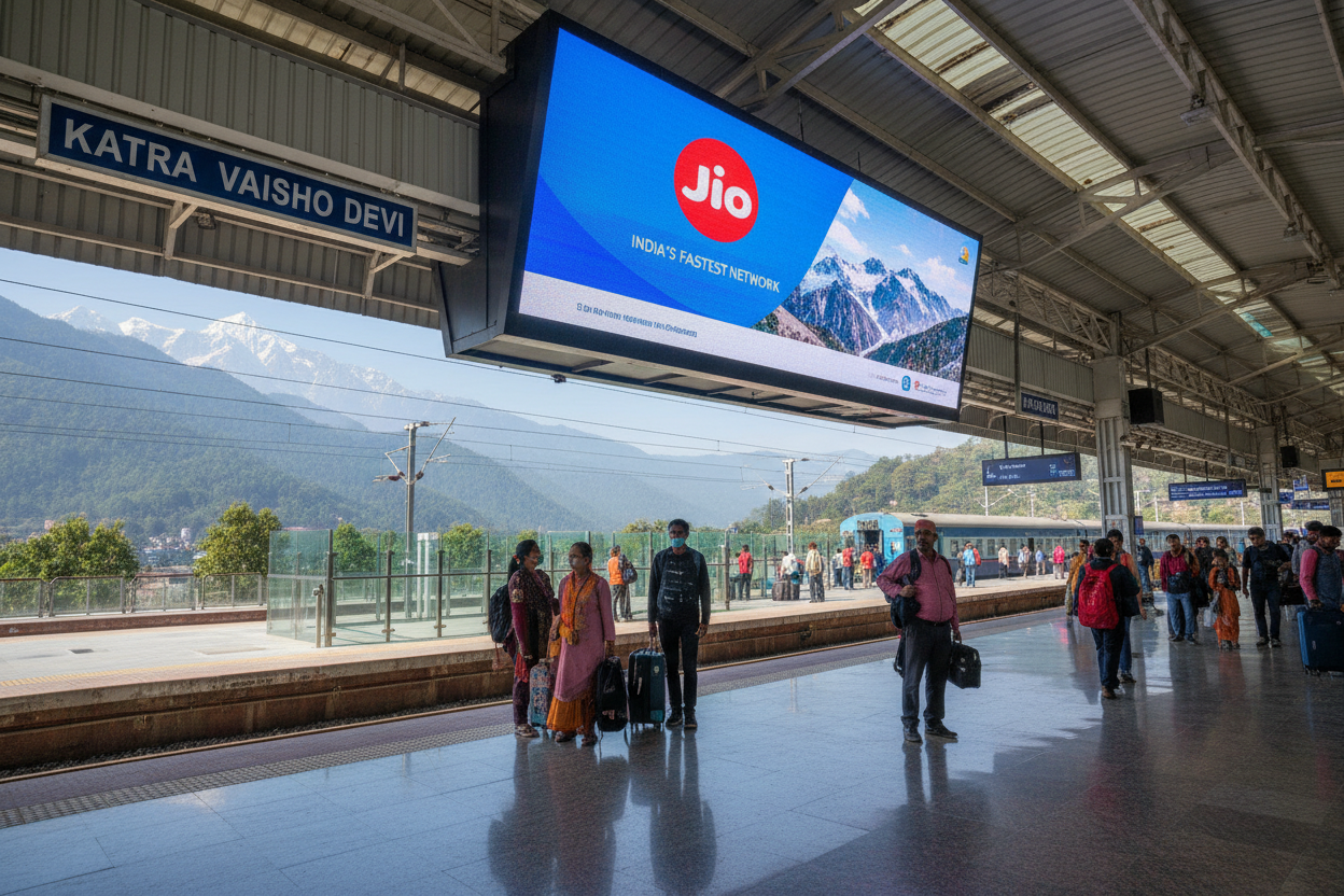create image using this details - Premium Railway Advertising Space at KATRA Station (VAISHNO DEVI)

Location: KATRA, VAISHNO DEVI Railway Station, Jammu

Screen Specifications:

Type: Digital Screen
Size: 50 x 20 feet&nbsp;
Count: 1 premium digital screen
Duration: 20 seconds per ad slot
Daily Reach: 360 spots per day
Monthly Investment: ₹9,72,000
Campaign Duration: 3 months minimum
Beam Distance: Up to 12 meters for maximum visibility