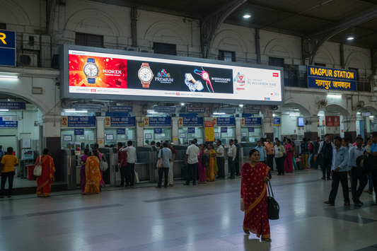 create image using this details -Premium Railway Advertising Space at Nagpur Railway Station - Booking Counter

Location: Booking Counter, Nagpur Railway Station, Maharashtra

Screen Specifications:

Type: LED Large Format Display
Size: 15 x 12 feet (180 sq ft total display area)
Count: 1 premium LED large format display
Total Screens: 538 advertising spots
Daily Reach: 68,729 impressions
Monthly Reach: 20,61,870 viewers
Campaign Duration: 540 days
Spots per Day: 10
Monthly Investment: ₹3,00,000