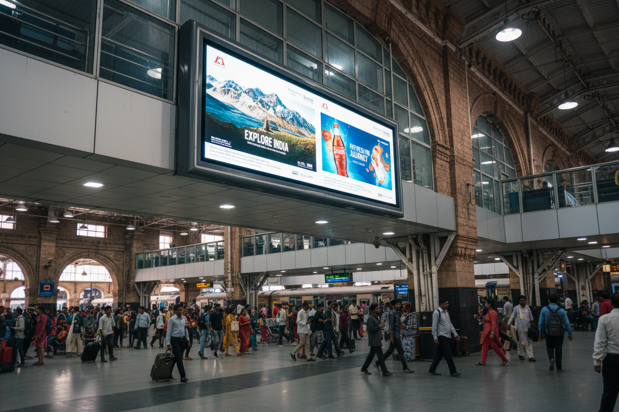 create image  using this details - Premium Railway Advertising Space at Old Delhi Station - DELHI JUNCTION

Location: DELHI JUNCTION, Old Delhi Railway Station, Delhi

Screen Specifications:

Type: Digital Screen
Size: 16×8 square feet
Count: 1 screen available
Duration: 20 seconds per ad slot
Operating Hours: 6am to 12am