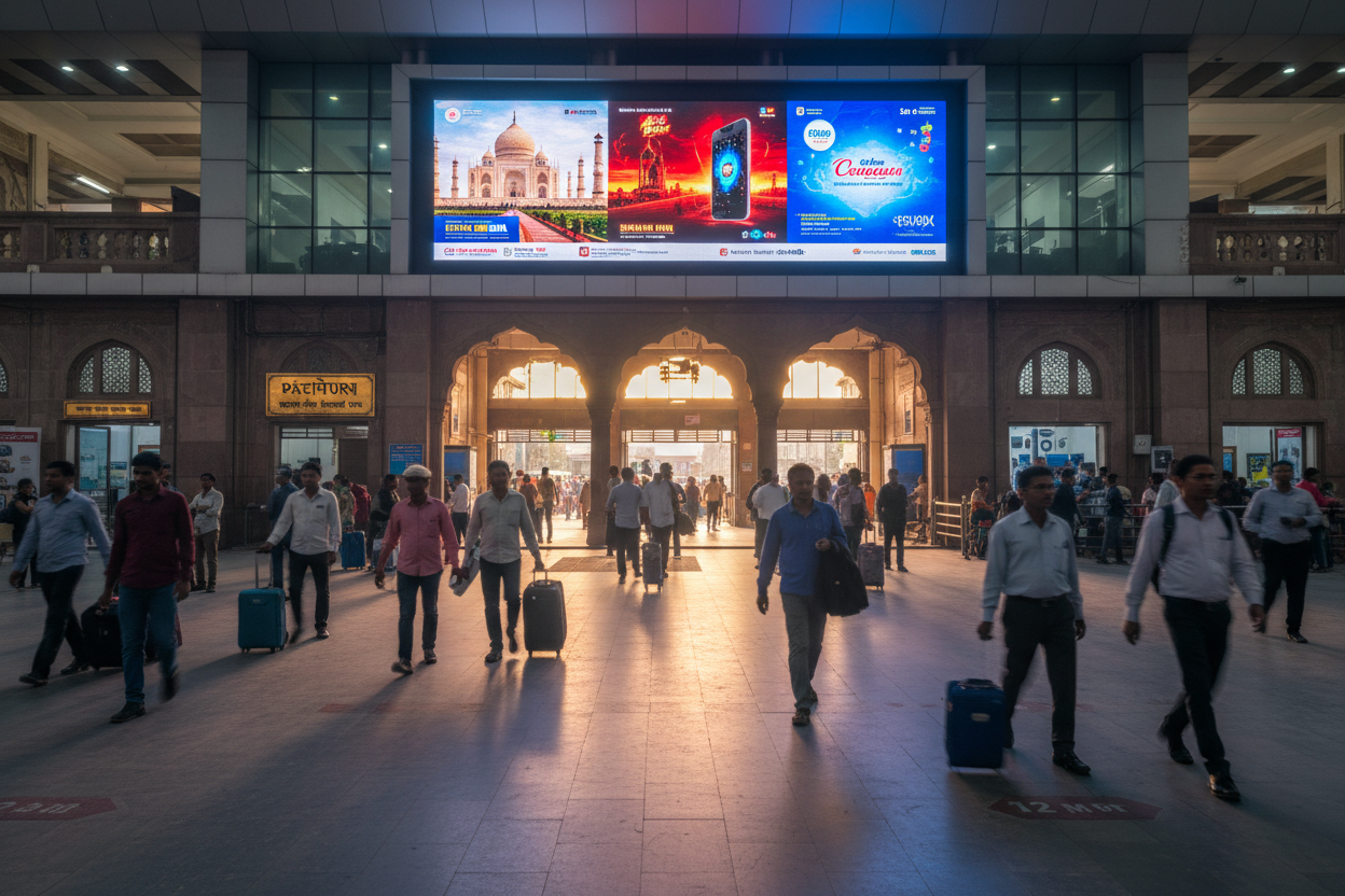 create image using this details - Premium Railway Advertising Space at PATLIPUTRA Station

Location: Main Entrance, PATLIPUTRA Railway Station, Bihar

Screen Specifications:

Type: Digital Screen
Size: 20 x 10 feet&nbsp;
Count: 1 premium digital screen
Duration: 20 seconds per ad slot
Daily Reach: 360 spots per day
Monthly Investment: ₹2,00,000
Campaign Duration: 3 months minimum
Beam Distance: Up to 12 meters for maximum visibility
