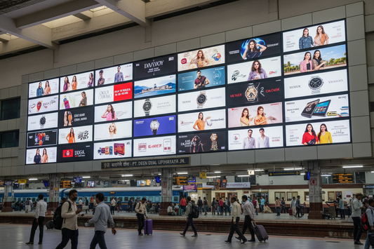 create image using this details- Premium Railway Advertising Space at PT Deen Dayal Upadhyaya Station

Location: PT Deen Dayal Upadhyaya Railway Station, Uttar Pradesh

Screen Specifications:

Type: Static Screen (24-1 video wall 16×10)
Size: 2.5×2 feet
Count: 24 screens available
Daily Visitors: 50,000 impressions per screen
Monthly Reach: 15,00,000 viewers