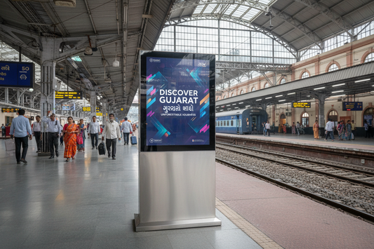 create image using this details - Premium Railway Advertising Space at RAJKOT(WR) Railway Station

Location: RAJKOT(WR) Railway Station, Gujarat

Screen Specifications:

Type: Static Screen
Size: 50'/42' inch display options
Count: 70 premium static screens
Daily Reach: 80 impressions per screen
Monthly Investment: ₹8,40,000