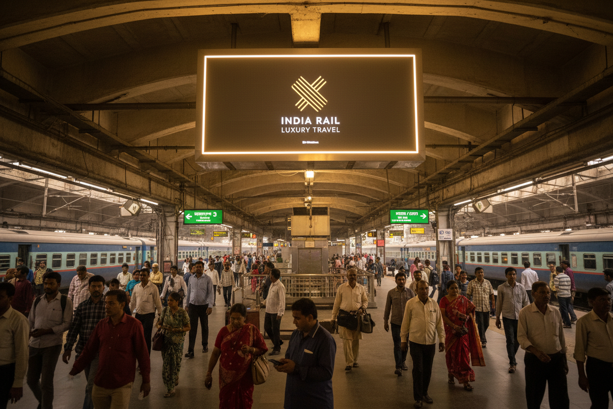 create image using this details - Premium Railway Advertising Space at Sarai Rohilla Station

Location: Sarai Rohilla Railway Station, Delhi

Screen Specifications:

Type: Static Screen
Size: 15 x 10 feet&nbsp;
Count: 1 premium static screen
Daily Reach: 80 impressions per day
Monthly Investment: ₹48,000