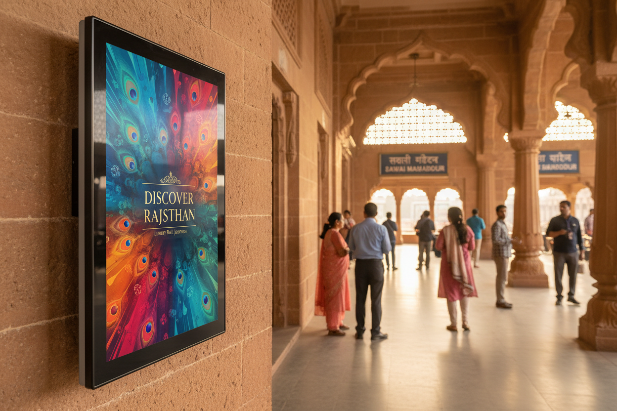 create image using this details - Premium Railway Advertising Space at Sawai Madhopur Railway Station

Location: Sawai Madhopur Railway Station, Rajasthan

Screen Specifications:

Type: Static Screen
Size: 50 inch display
Count: 42 premium static screens
Daily Reach: 80 impressions per screen
Monthly Investment: ₹5,04,000