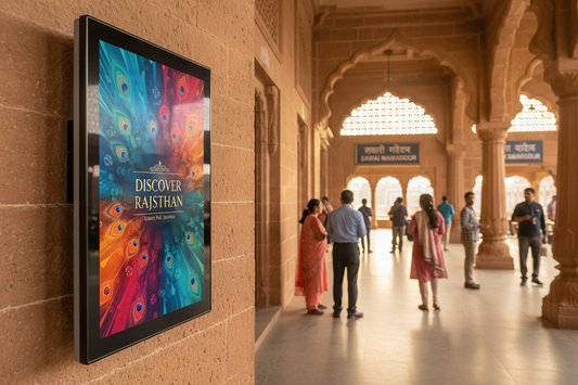 create image using this details - Premium Railway Advertising Space at Sawai Madhopur Railway Station

Location: Sawai Madhopur Railway Station, Rajasthan

Screen Specifications:

Type: Static Screen
Size: 50 inch display
Count: 42 premium static screens
Daily Reach: 80 impressions per screen
Monthly Investment: ₹5,04,000