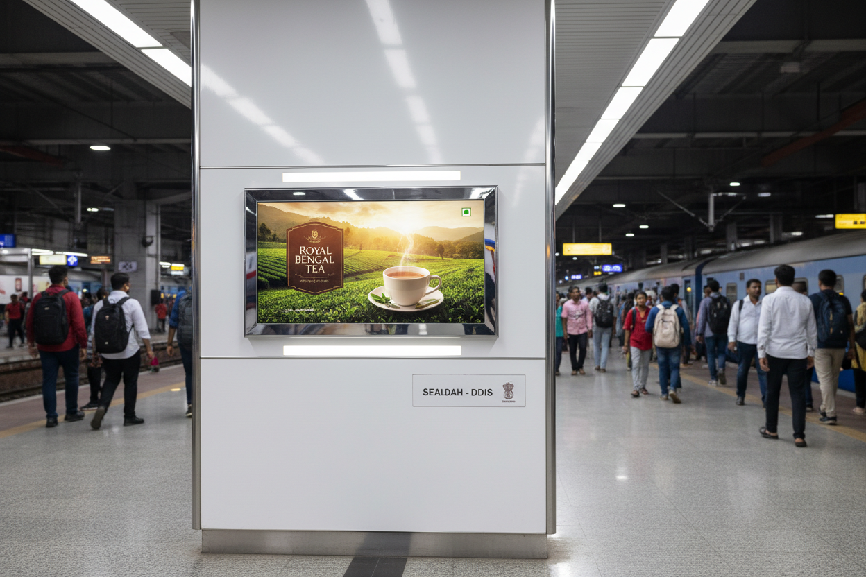 create image using this details -Premium Railway Advertising Space at Sealdah - DDIS Railway Station

Location: Sealdah - DDIS Railway Station, West Bengal

Screen Specifications:

Type: Static Screen
Size: 32 inch display
Count: 22 premium static screens
Daily Reach: 80 impressions per screen
Monthly Investment: ₹2,64,000