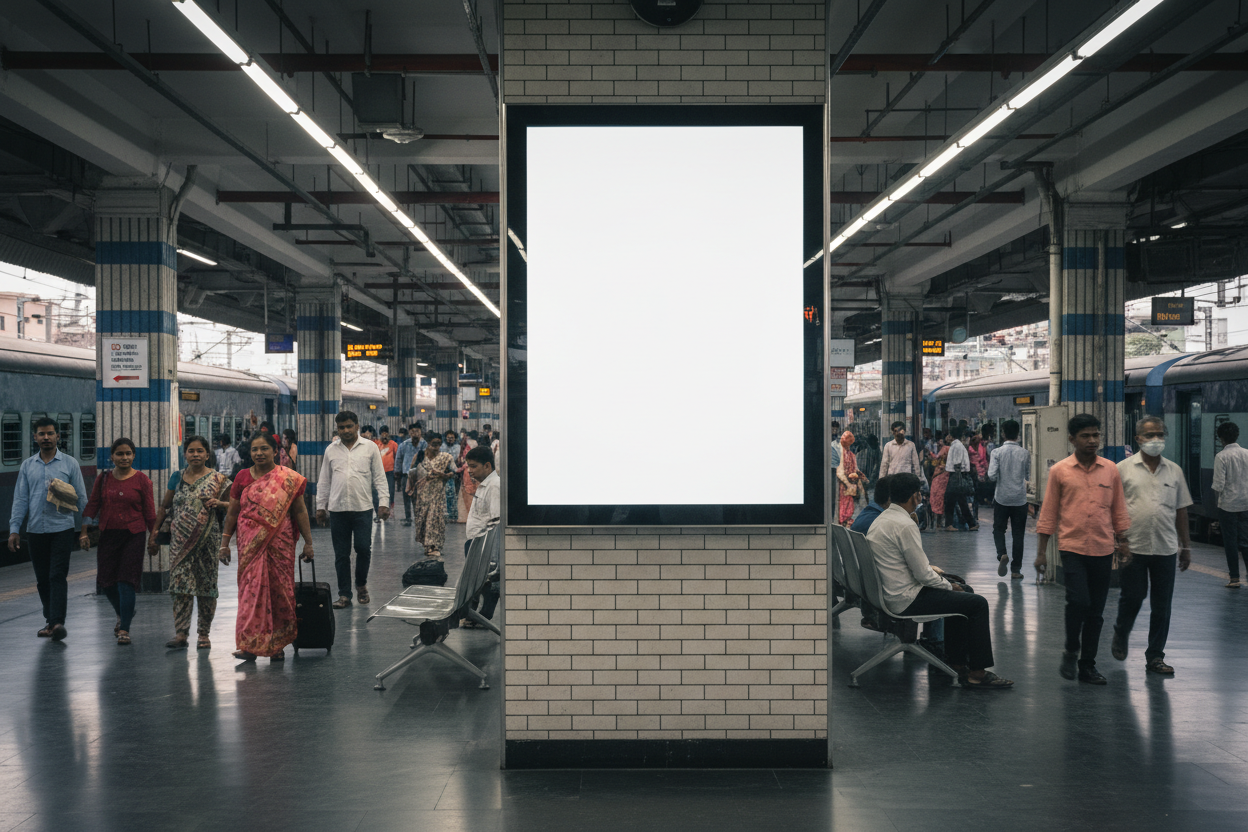 create image using this details - Premium Railway Advertising Space at Shahdara Station

Location: Shahdara Railway Station, Delhi

Screen Specifications:

Type: Static Screen
Size: 15 x 8 feet&nbsp;
Count: 1 premium static screen
Daily Reach: 80 impressions per day
Monthly Investment: ₹48,000