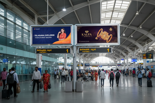 create image using this details - Premium Railway Station Advertising in Lingampalli, Telangana

Capture the attention of thousands of daily commuters with high-impact advertising at Lingampalli Railway Station. This premium 43-inch advertising placement offers exceptional visibility in one of Telangana's key transit hubs.

Placement Details:

Location: Lingampalli Railway Station, Telangana
Display Size: 43 inches
Quantity: 2 displays
Aspect Ratio: 3.2*1.8
Campaign Duration: 300 days