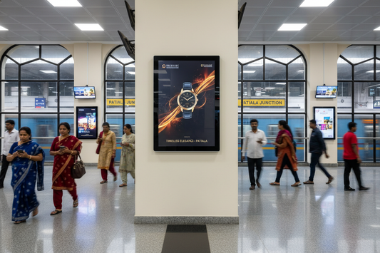 create  image using this details - Premium Railway Station Advertising in Patiala, Punjab

Capture the attention of thousands of daily commuters with high-impact advertising at Patiala Railway Station. This premium 43-inch advertising placement offers exceptional visibility in one of Punjab's key transit hubs.

Placement Details:

Location: Patiala Railway Station, Punjab
Display Size: 43 inches
Quantity: 6 displays
Aspect Ratio: 3.2*1.8
Campaign Duration: 300 days
Daily Footfall: 10,000 passengers