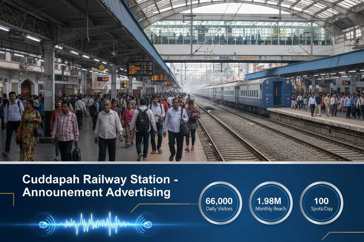 Cuddapah Railway Station - Announcement Advertising

Reach a substantial audience at Cuddapah with 66,000 daily visitors and 1.98 million monthly commuters through audio announcements.

Station Statistics:

Total Trains/Day: 65
Average Trains/Day: 33
Daily Visitors Reach: 66,000 passengers
Monthly Visitors Reach: 1,980,000 passengers
No. of Spots/Day: 100 advertising units
Spot Duration In Sec: 15 seconds per display
Monthly FCT at Each Station: 45,000
Monthly Station Wise Cost: ₹1,10,000
CREATE IMAGE 