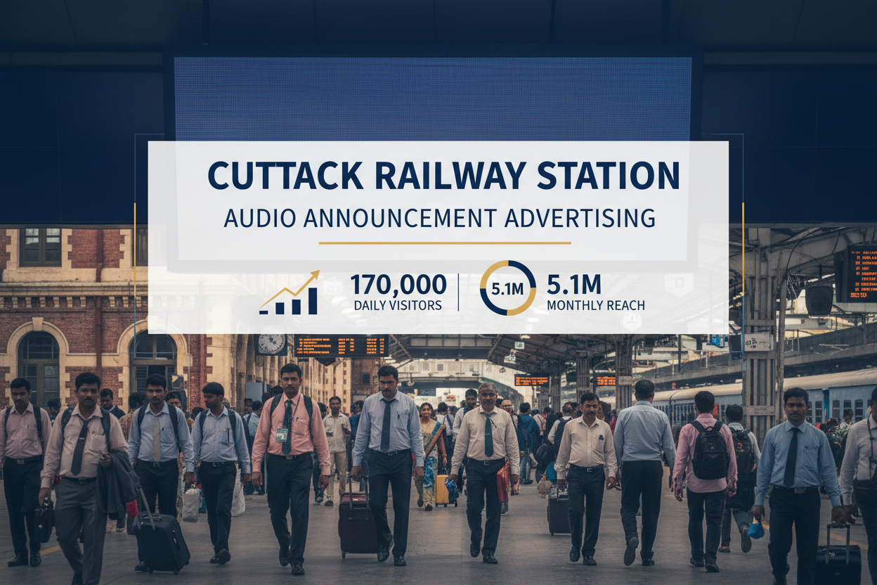 Cuttack Railway Station - Announcement Advertising

Reach a substantial audience at Cuttack with 170,000 daily visitors and 5.1 million monthly commuters through audio announcements.

Station Statistics:

Total Trains/Day: 190
Average Trains/Day: 85
Daily Visitors Reach: 170,000 passengers
Monthly Visitors Reach: 5,100,000 passengers
No. of Spots/Day: 100 advertising units
Spot Duration In Sec: 15 seconds per display
Monthly FCT at Each Station: 60,000
Monthly Station Wise Cost: ₹2,00,000
Create image 