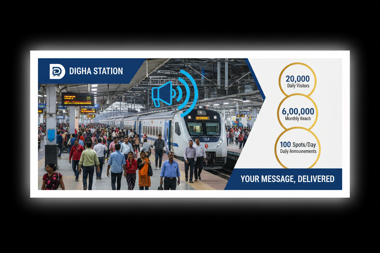 Digha Station - Railway Announcement Advertising

Reach a substantial audience at Digha with 20,000 daily visitors and 6,00,000 monthly commuters through audio announcements.

Station Statistics
Station Name: Digha (24 panels)
Total Trains/Day: 10 trains
Daily Visitors Reach: 20,000 passengers
Monthly Visitors Reach: 6,00,000 passengers
No. of Spots/Day: 100 advertising units
Spot Duration: 15 seconds per announcement
Monthly FCT at Each Station: 45,000
Monthly Station Wise Cost: ₹40,000
Create img 