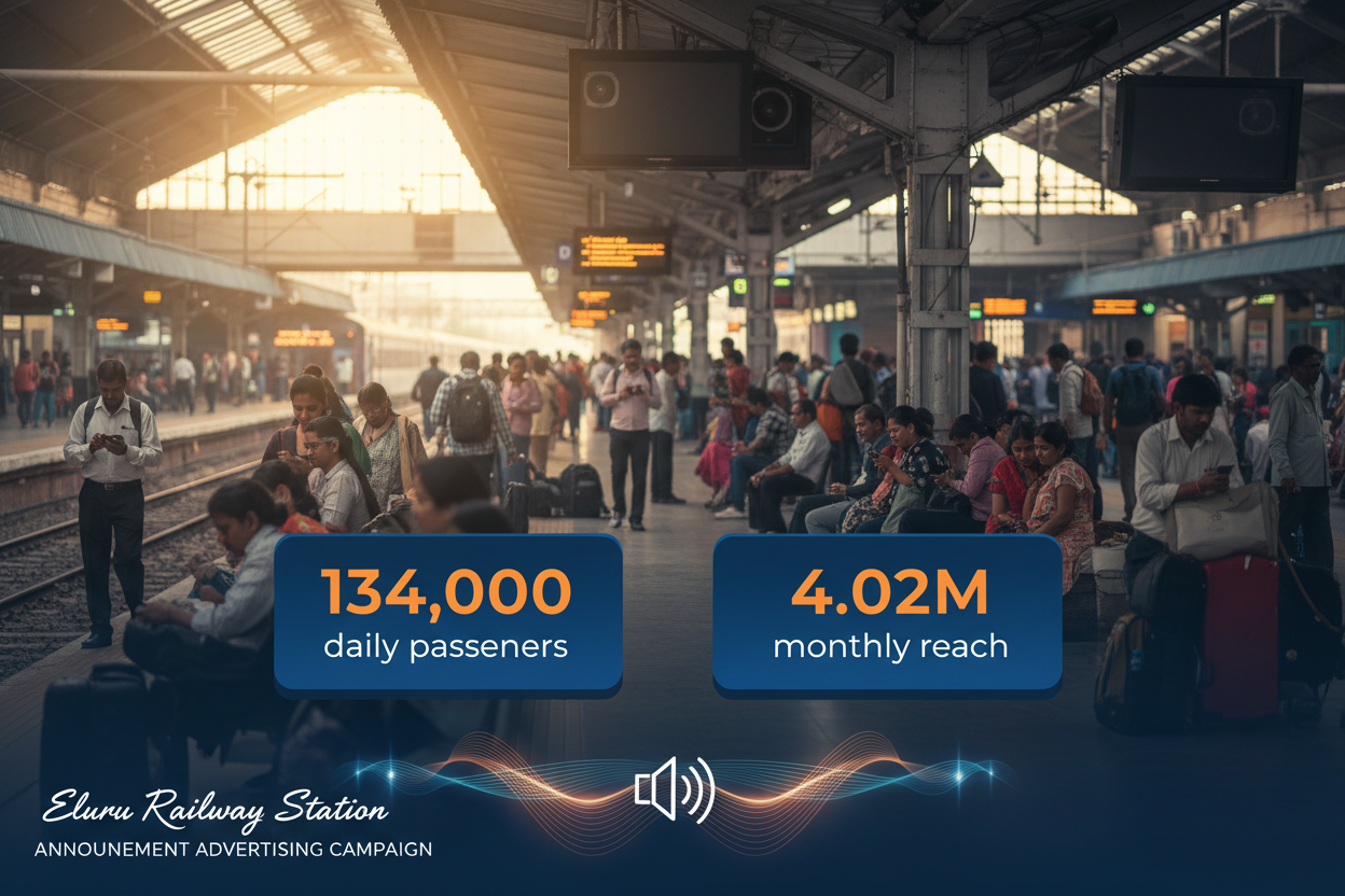 Eluru Railway Station - Announcement Advertising

Reach a substantial audience at Eluru with 134,000 daily visitors and 4.02 million monthly commuters through audio announcements.

Station Statistics:

Total Trains/Day: 169
Average Trains/Day: 67
Daily Visitors Reach: 134,000 passengers
Monthly Visitors Reach: 4,020,000 passengers
No. of Spots/Day: 100 advertising units
Spot Duration In Sec: 15 seconds per display
Monthly FCT at Each Station: 45,000
Monthly Station Wise Cost: ₹1,60,000
create image 