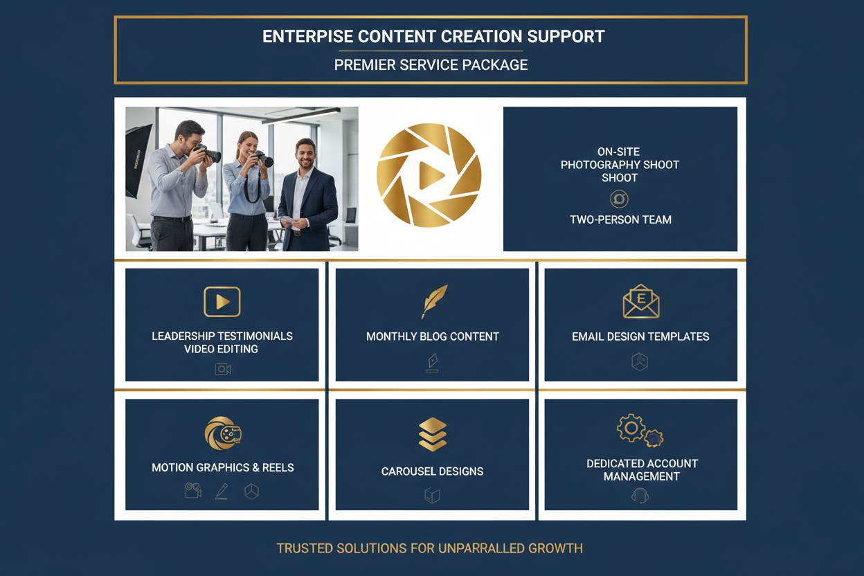 Enterprise support
One Day Shoot at client site with 2 Person
4 Leadership &amp; Testimonials Edits&nbsp;
6 Blog Posts / Month

2 Email Design
10 Reels/Motion I-Graphic/Gifs/Ads
15 Graphic Posts/Carousels/ Creative Designs
Dedicated Manager