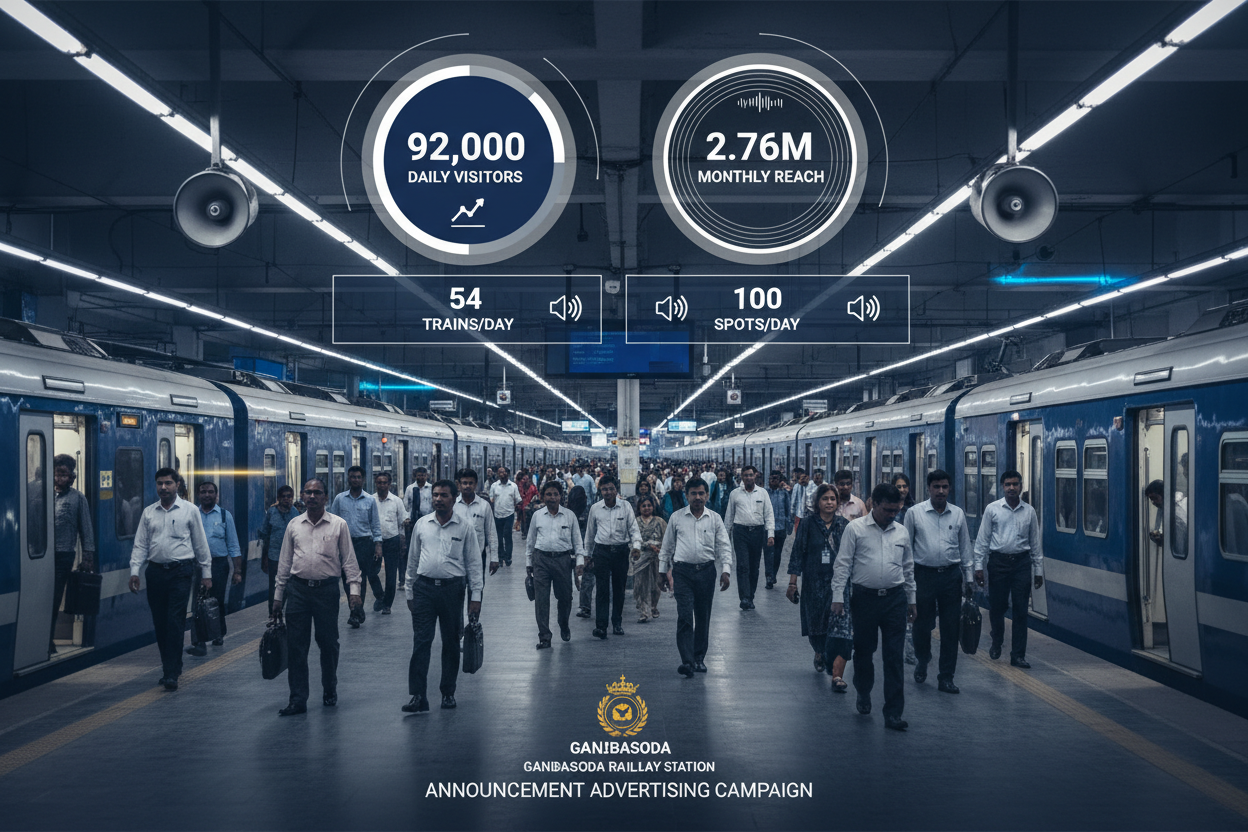 Ganjbasoda Railway Station - Announcement Advertising
Reach a substantial audience at Ganjbasoda with 92,000 daily visitors and 2.76 million monthly commuters through audio announcements.
Station Statistics:
Total Trains/Day: 54
Average Trains/Day: 46
Daily Visitors Reach: 92,000 passengers
Monthly Visitors Reach: 2,760,000 passengers
No. of Spots/Day: 100 advertising units
Spot Duration In Sec: 15 seconds per display
Monthly FCT at Each Station: 45,000
Monthly Station Wise Cost: ₹1,20,000
Create image 