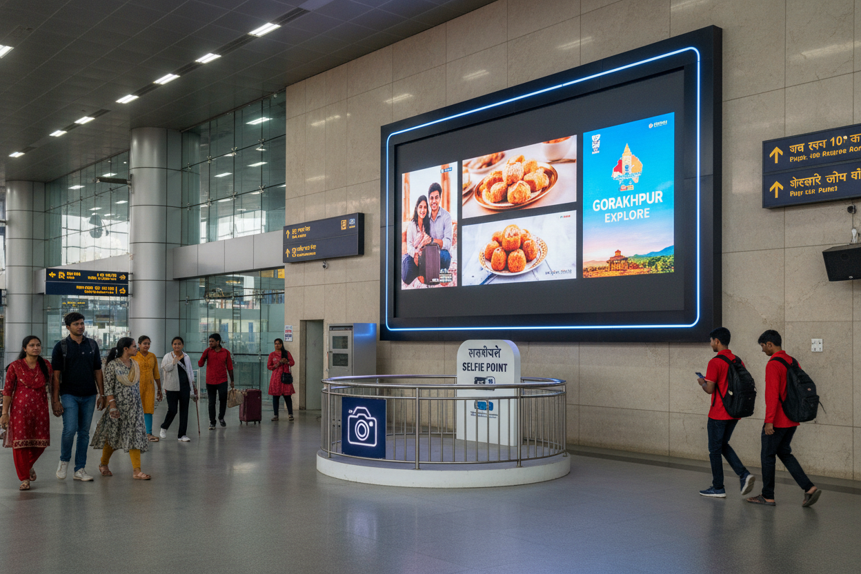 generate image using this details - Premium Railway Advertising Space at GORAKHPUR Station - SELFIE POINT

Location: SELFIE POINT, GORAKHPUR Railway Station, Uttar Pradesh

Screen Specifications:

Type: Digital Screen
Size: 20×10 square feet
Count: 1 screen available
Duration: 20 seconds per ad slot
Operating Hours: 6am to 12am