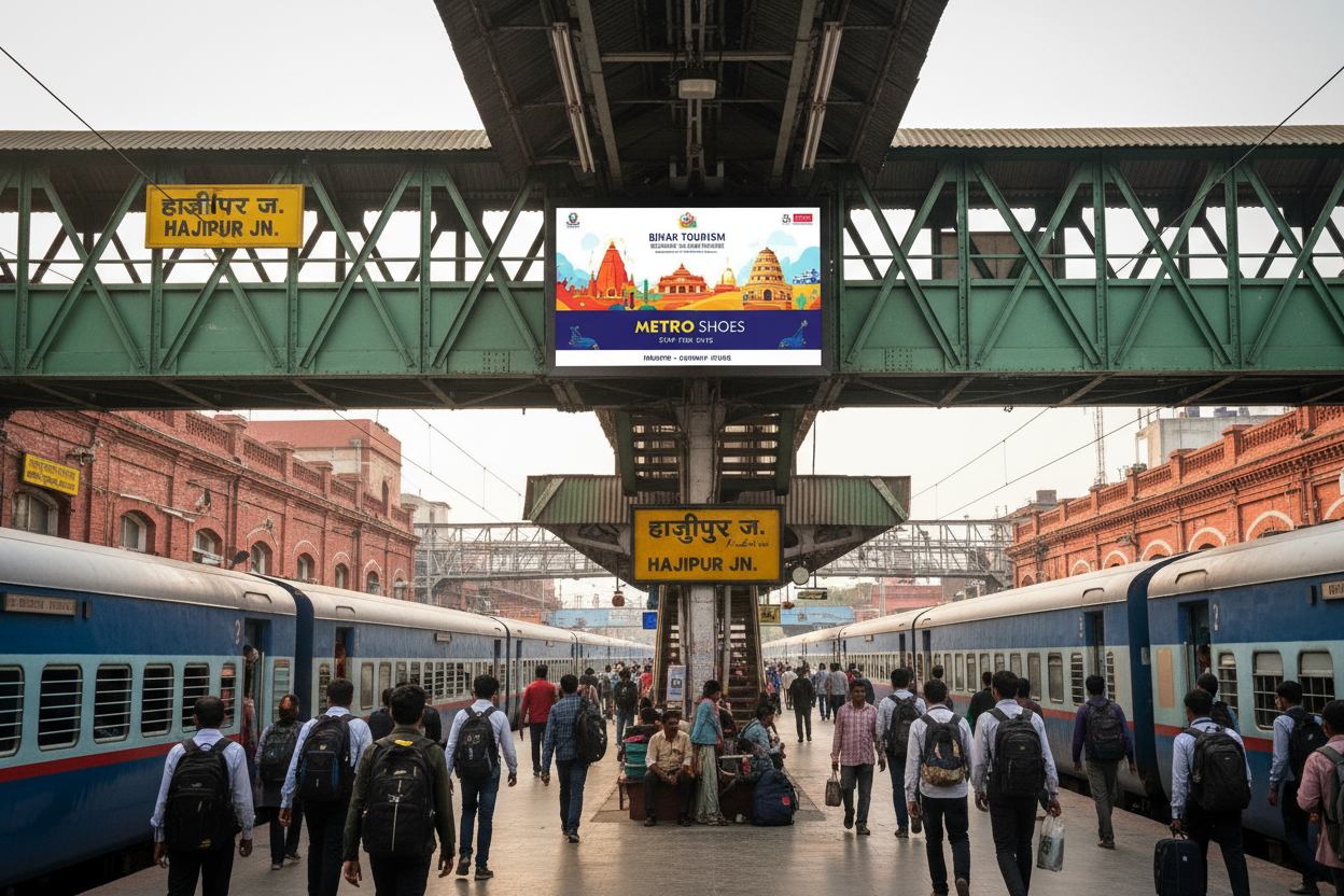 generate image using this details - Premium Railway Advertising Space at HAJIPUR JN. Station

Location: Bridge 1, HAJIPUR JN. Railway Station, Bihar

Screen Specifications:

Type: Static Screen
Size: 25 square feet
Count: 75 screens available
Total Travelers: 315 daily footfall
Daily Visitors: 85,000 impressions per screen
Monthly Reach: 25,50,000 viewers
