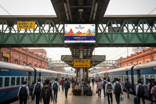 generate image using this details - Premium Railway Advertising Space at HAJIPUR JN. Station

Location: Bridge 1, HAJIPUR JN. Railway Station, Bihar

Screen Specifications:

Type: Static Screen
Size: 25 square feet
Count: 75 screens available
Total Travelers: 315 daily footfall
Daily Visitors: 85,000 impressions per screen
Monthly Reach: 25,50,000 viewers