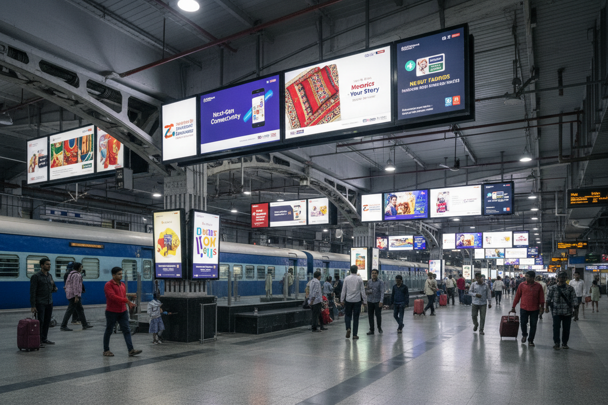 generate image using this details - Premium Railway Advertising Space at Meerut City Railway Station

Location: Meerut City Railway Station, Uttar Pradesh

Screen Specifications:

Type: LED Display
Size: 43 inches per screen
Count: 12 premium LED displays
Screen Size: 3'2" x 8'
Daily Reach: 1,08,000 impressions
Monthly Reach: 32,40,000 viewers
Campaign Duration: 300 days
Spots per Day: 10
Monthly Investment: ₹3,00,000