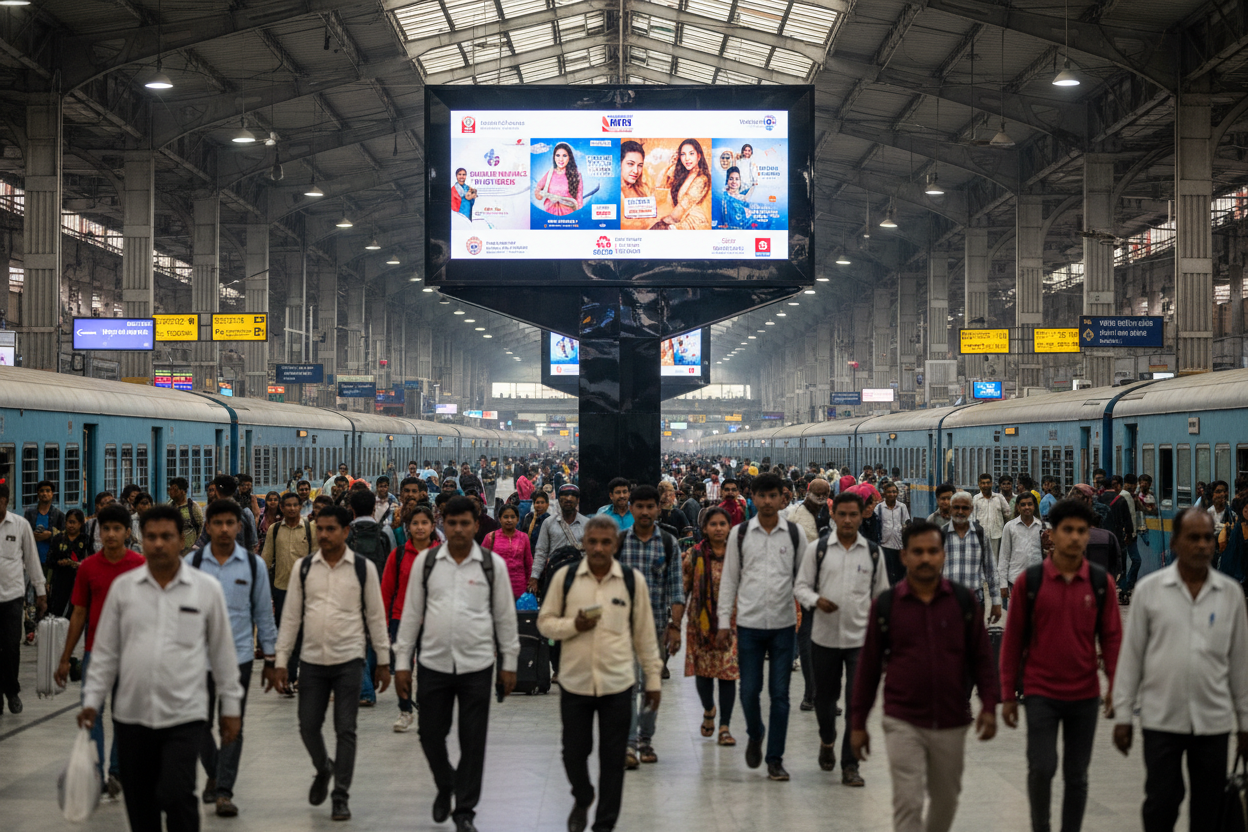 generate image using this details - Premium Railway Advertising Space at New Delhi Station - Ajmeri Gate

Location: Ajmeri Gate, New Delhi Railway Station, Delhi

Screen Specifications:

Type: Video Wall (1: 15.5×13)
Size: 16.5×13 feet
Count: 1 screen available
Daily Visitors: 3,00,000 impressions per screen
Monthly Reach: 90,00,000 viewers