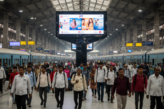 generate image using this details - Premium Railway Advertising Space at New Delhi Station - Ajmeri Gate

Location: Ajmeri Gate, New Delhi Railway Station, Delhi

Screen Specifications:

Type: Video Wall (1: 15.5×13)
Size: 16.5×13 feet
Count: 1 screen available
Daily Visitors: 3,00,000 impressions per screen
Monthly Reach: 90,00,000 viewers