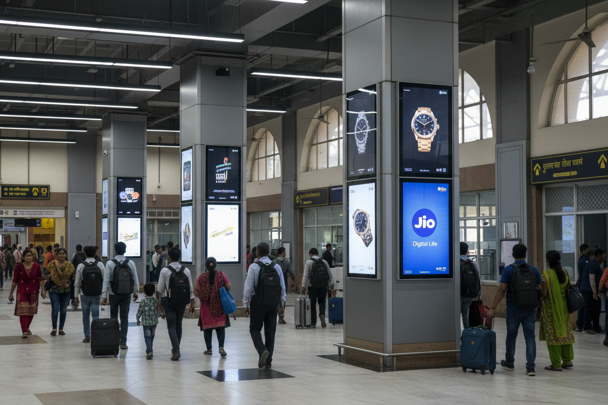 generate image using this details - Premium Railway Station Advertising in Rohtak, Haryana

Capture the attention of thousands of daily commuters with high-impact advertising at Rohtak Railway Station. This premium 43-inch advertising placement offers exceptional visibility in one of Haryana's key transit hubs.

Placement Details:

Location: Rohtak Railway Station, Haryana
Display Size: 43 inches
Quantity: 6 displays
Aspect Ratio: 3.2*1.8
Monthly Impressions: 1,36,000
Total Reach: 40,80,000
