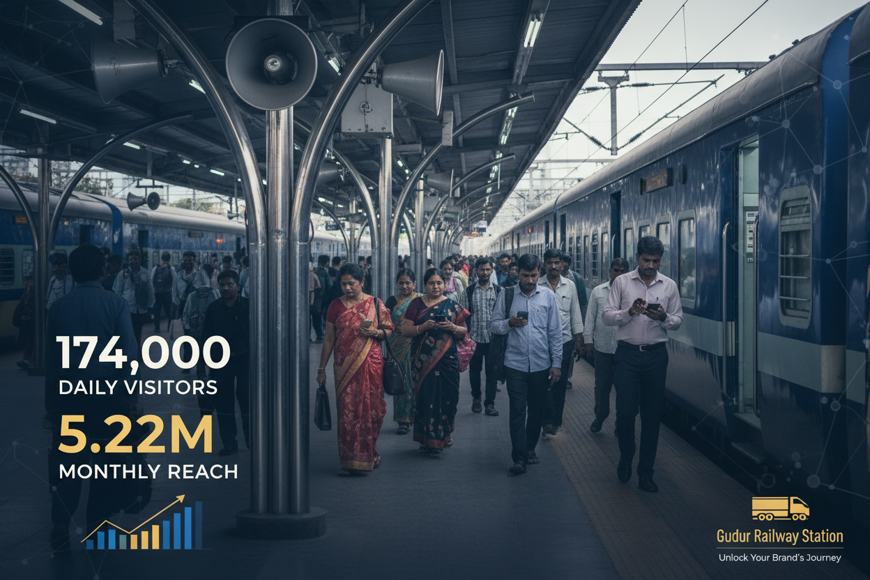 Gudur Railway Station - Announcement Advertising

Reach a substantial audience at Gudur with 174,000 daily visitors and 5.22 million monthly commuters through audio announcements.

Station Statistics:

Total Trains/Day: 244
Average Trains/Day: 87
Daily Visitors Reach: 174,000 passengers
Monthly Visitors Reach: 5,220,000 passengers
No. of Spots/Day: 100 advertising units
Spot Duration In Sec: 15 seconds per display
Monthly FCT at Each Station: 45,000
Monthly Station Wise Cost: ₹1,60,000
create a image 