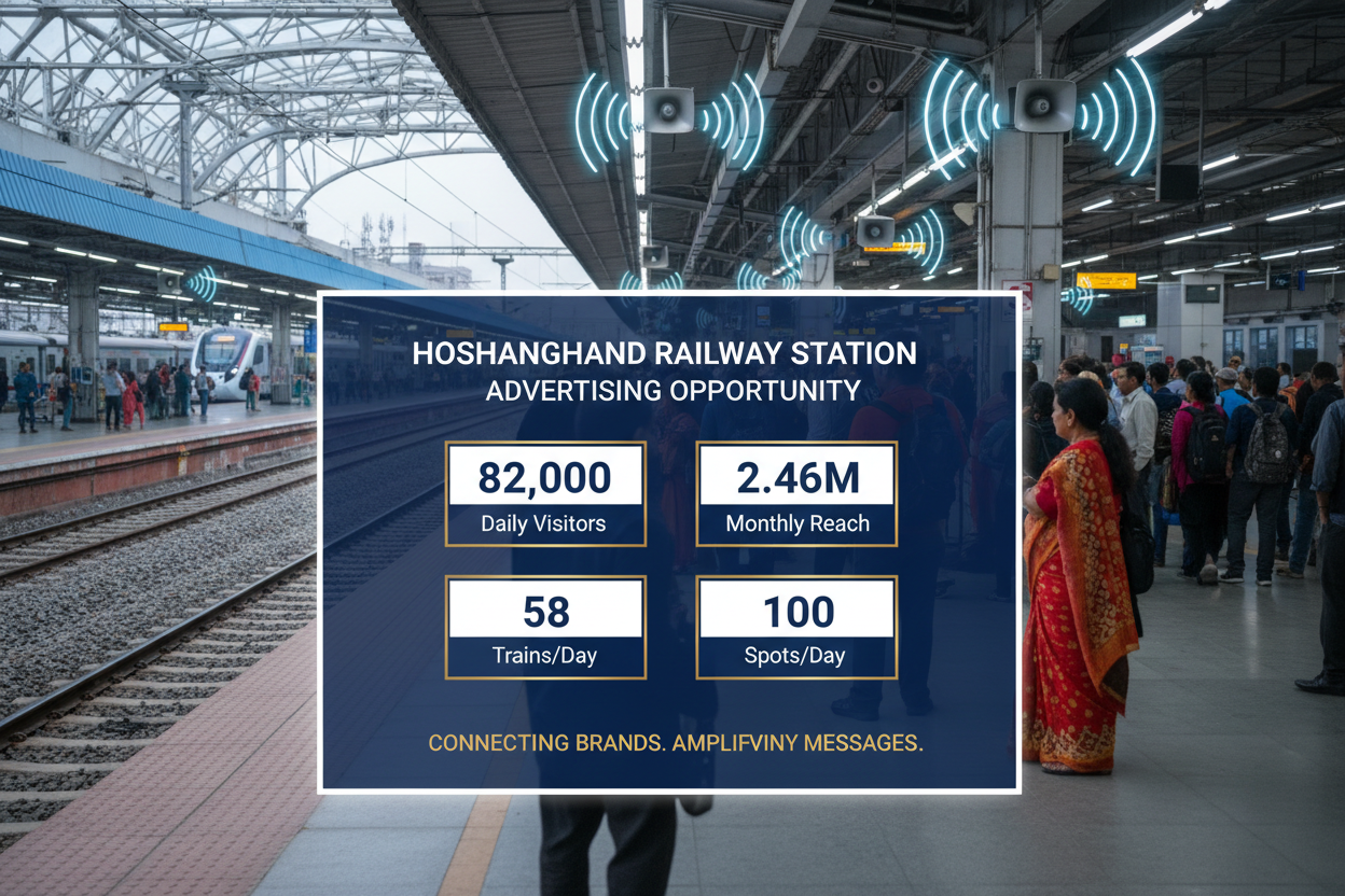 Hoshangabad Railway Station - Announcement Advertising
Reach a substantial audience at Hoshangabad with 82,000 daily visitors and 2.46 million monthly commuters through audio announcements.
Station Statistics:
Total Trains/Day: 58
Average Trains/Day: 41
Daily Visitors Reach: 82,000 passengers
Monthly Visitors Reach: 2,460,000 passengers
No. of Spots/Day: 100 advertising units
Spot Duration In Sec: 15 seconds per display
Monthly FCT at Each Station: 45,000
Monthly Station Wise Cost: ₹1,80,000
create image 