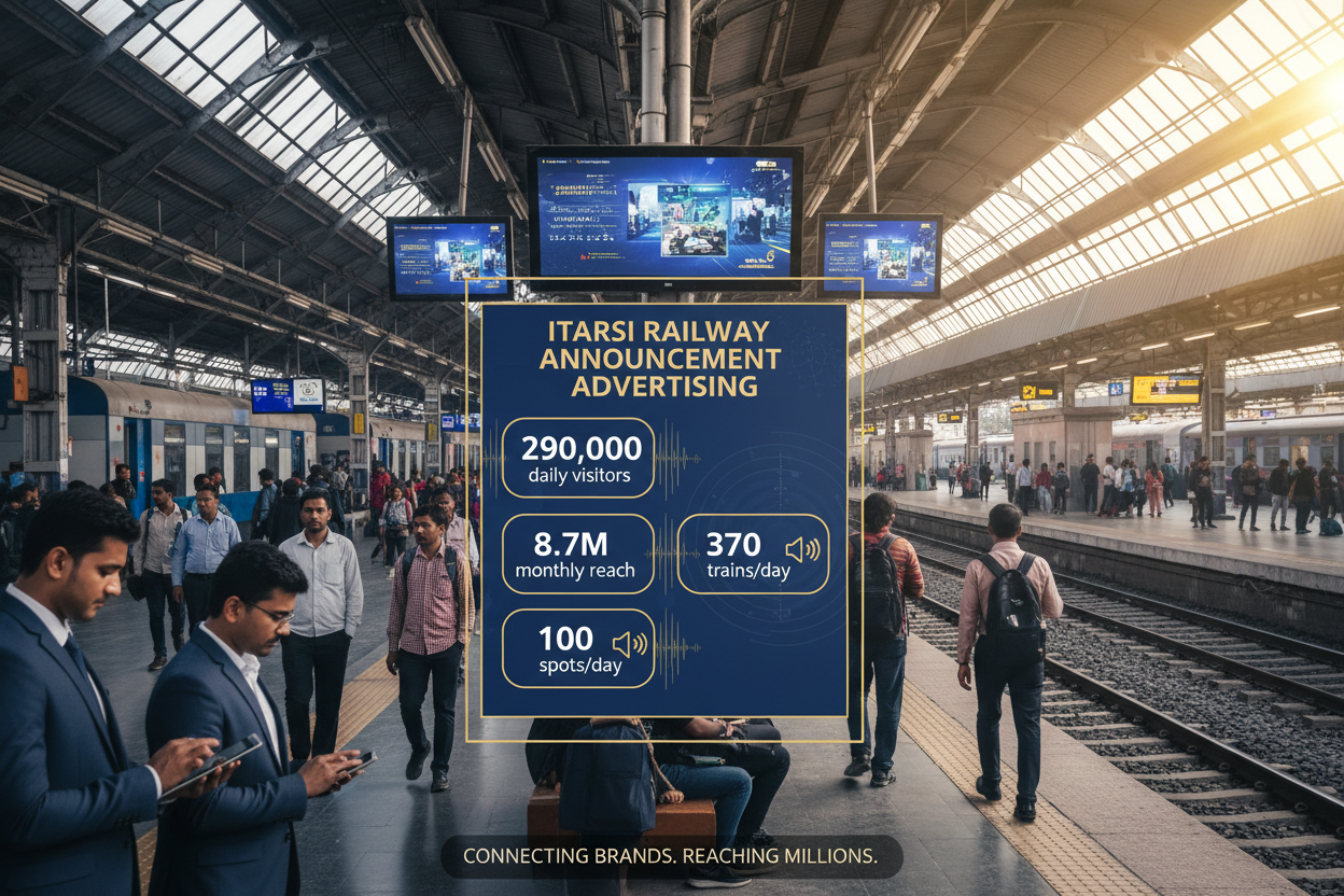 Itarsi Railway Station - Announcement Advertising

Reach a substantial audience at Itarsi with 290,000 daily visitors and 8.7 million monthly commuters through audio announcements.

Station Statistics:

Total Trains/Day: 370
Average Trains/Day: 145
Daily Visitors Reach: 290,000 passengers
Monthly Visitors Reach: 8,700,000 passengers
No. of Spots/Day: 100 advertising units
Spot Duration In Sec: 15 seconds per display
Monthly FCT at Each Station: 45,000
Monthly Station Wise Cost: ₹2,50,000
create image 