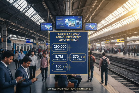 Itarsi Railway Station - Announcement Advertising

Reach a substantial audience at Itarsi with 290,000 daily visitors and 8.7 million monthly commuters through audio announcements.

Station Statistics:

Total Trains/Day: 370
Average Trains/Day: 145
Daily Visitors Reach: 290,000 passengers
Monthly Visitors Reach: 8,700,000 passengers
No. of Spots/Day: 100 advertising units
Spot Duration In Sec: 15 seconds per display
Monthly FCT at Each Station: 45,000
Monthly Station Wise Cost: ₹2,50,000
create image 