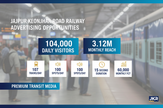 Jajpur Keonjhar Road Railway Station - Announcement Advertising

Reach a substantial audience at Jajpur Keonjhar Road with 104,000 daily visitors and 3.12 million monthly commuters through audio announcements.

Station Statistics:

Total Trains/Day: 107
Average Trains/Day: 52
Daily Visitors Reach: 104,000 passengers
Monthly Visitors Reach: 3,120,000 passengers
No. of Spots/Day: 100 advertising units
Spot Duration In Sec: 15 seconds per display
Monthly FCT at Each Station: 60,000
use details on image 