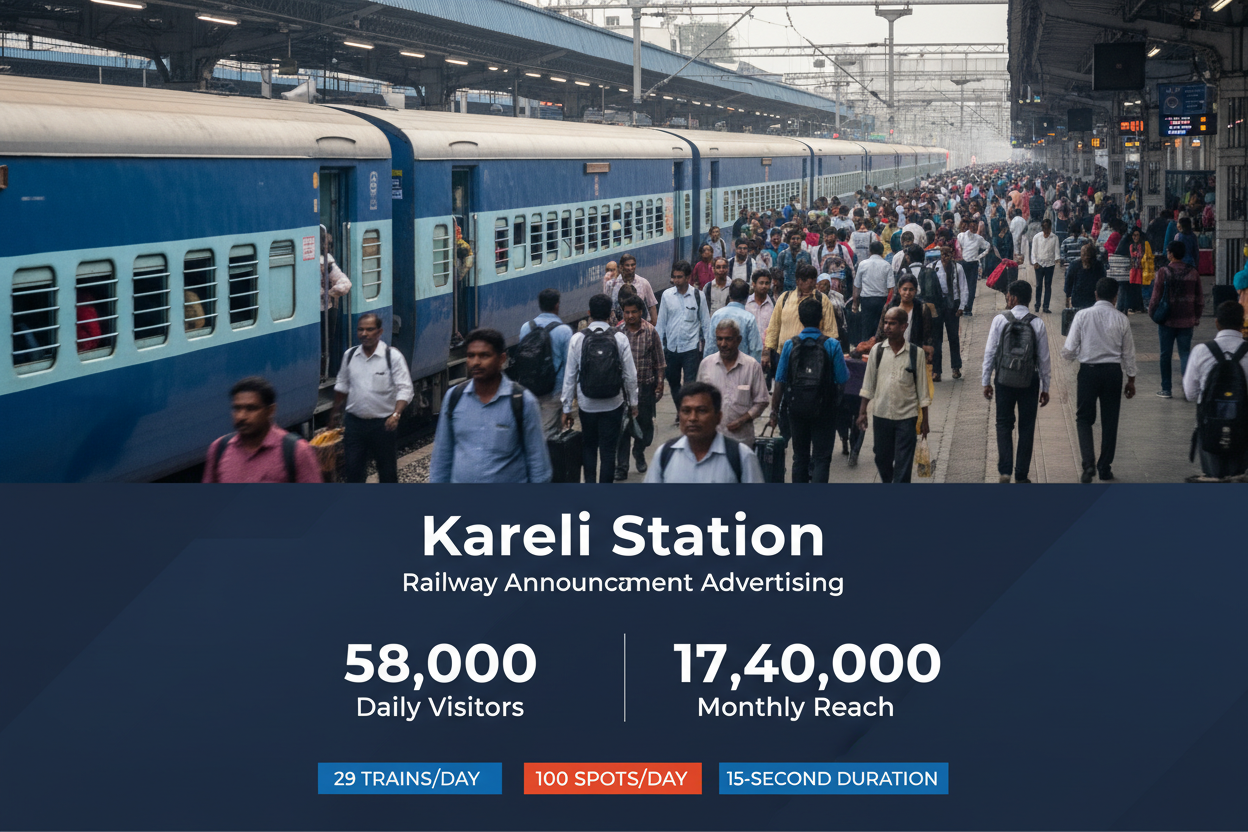 Kareli Station - Railway Announcement Advertising

Reach a substantial audience at Kareli with 58,000 daily visitors and 17,40,000 monthly commuters through audio announcements.

Station Statistics
Station Name: Kareli (30 panels)
Total Trains/Day: 29 trains
Daily Visitors Reach: 58,000 passengers
Monthly Visitors Reach: 17,40,000 passengers
No. of Spots/Day: 100 advertising units
Spot Duration: 15 seconds per announcement
Monthly FCT at Each Station: 45,000
Monthly Station Wise Cost: ₹50,000
create img 