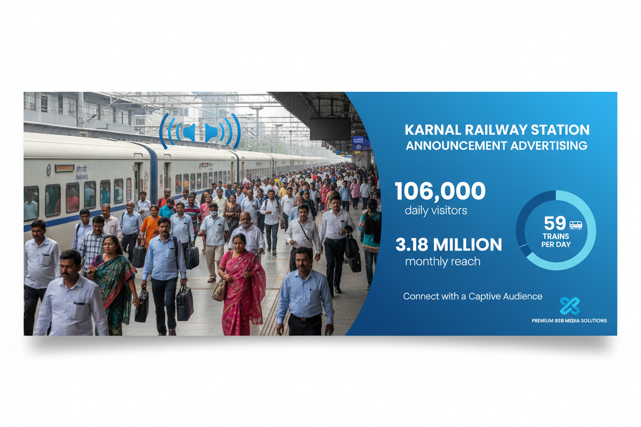 Karnal Railway Station - Announcement Advertising

Reach a substantial audience at Karnal with 106,000 daily visitors and 3.18 million monthly commuters through audio announcements.

Station Statistics:

Total Trains/Day: 59
Average Trains/Day: 53
Daily Visitors Reach: 106,000 passengers
Monthly Visitors Reach: 3,180,000 passengers
