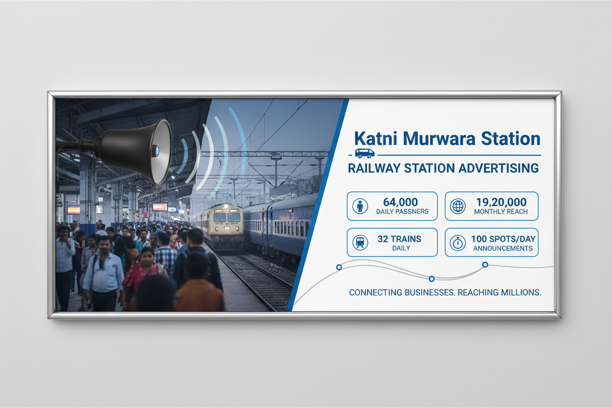 Katni Murwara Station - Railway Announcement Advertising

Reach a substantial audience at Katni Murwara with 64,000 daily visitors and 19,20,000 monthly commuters through audio announcements.

Station Statistics
Station Name: Katni Murwara (79 panels)
Total Trains/Day: 32 trains
Daily Visitors Reach: 64,000 passengers
Monthly Visitors Reach: 19,20,000 passengers
No. of Spots/Day: 100 advertising units
Spot Duration: 15 seconds per announcement
Monthly FCT at Each Station: 45,000
create image 