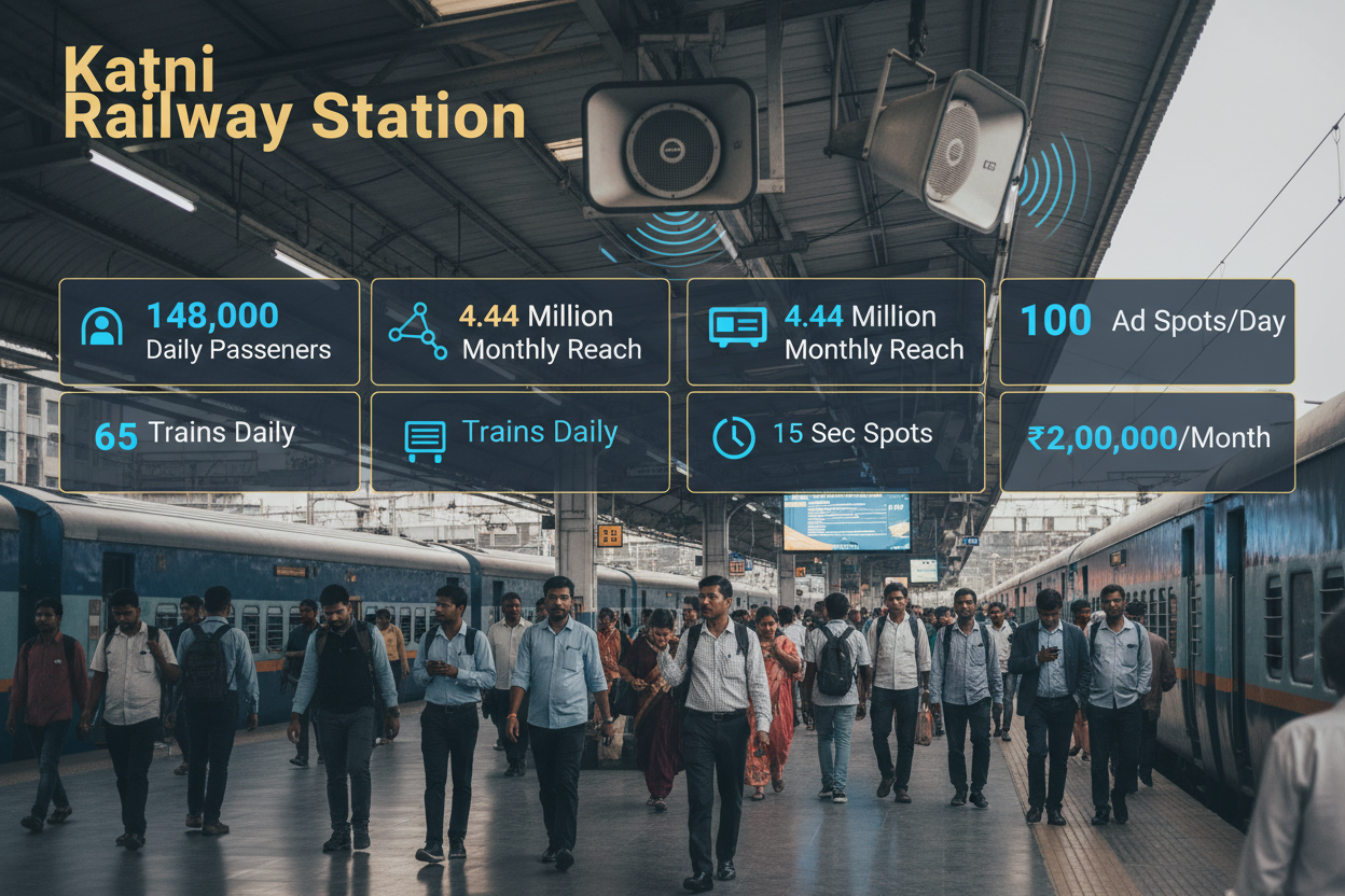 Katni Railway Station - Announcement Advertising

Reach a substantial audience at Katni with 148,000 daily visitors and 4.44 million monthly commuters through audio announcements.

Station Statistics:

Total Trains/Day: 165
Average Trains/Day: 74
Daily Visitors Reach: 148,000 passengers
Monthly Visitors Reach: 4,440,000 passengers
No. of Spots/Day: 100 advertising units
Spot Duration In Sec: 15 seconds per display
Monthly FCT at Each Station: 45,000
Monthly Station Wise Cost: ₹2,00,000
create img