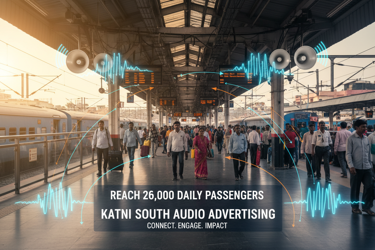Katni South Station - Railway Announcement Advertising
Reach a substantial audience at Katni South with 26,000 daily visitors and 7,80,000 monthly commuters through audio announcements.
Station Statistics
Station Name: Katni South (17 panels)
Total Trains/Day: 13 trains
Daily Visitors Reach: 26,000 passengers
Monthly Visitors Reach: 7,80,000 passengers
No. of Spots/Day: 100 advertising units
Spot Duration: 15 seconds per announcement
Monthly FCT at Each Station: 45,000
Monthly Station Wise Cost: ₹50,000
img