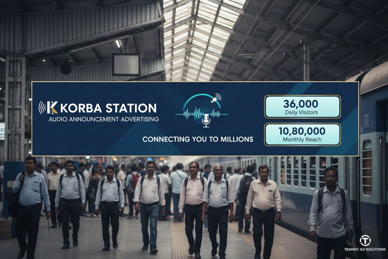 Korba Station - Railway Announcement Advertising

Reach a substantial audience at Korba with 36,000 daily visitors and 10,80,000 monthly commuters through audio announcements.

Station Statistics
Station Name: Korba (23 panels)
Total Trains/Day: 18 trains
Daily Visitors Reach: 36,000 passengers
Monthly Visitors Reach: 10,80,000 passengers
No. of Spots/Day: 50 advertising units
Spot Duration: 15 seconds per announcement
Monthly FCT at Each Station: 22,500
Monthly Station Wise Cost: ₹40,000
create img 