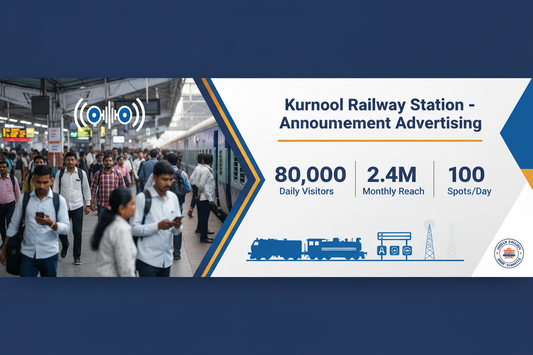 Kurnool Railway Station - Announcement Advertising

Reach a substantial audience at Kurnool with 80,000 daily visitors and 2.4 million monthly commuters through audio announcements.

Station Statistics:

Total Trains/Day: 80
Average Trains/Day: 40
Daily Visitors Reach: 80,000 passengers
Monthly Visitors Reach: 2,400,000 passengers
No. of Spots/Day: 100 advertising units
Spot Duration In Sec: 15 seconds per display
Monthly FCT at Each Station: 45,000
Monthly Station Wise Cost: ₹1,40,000
create a image 