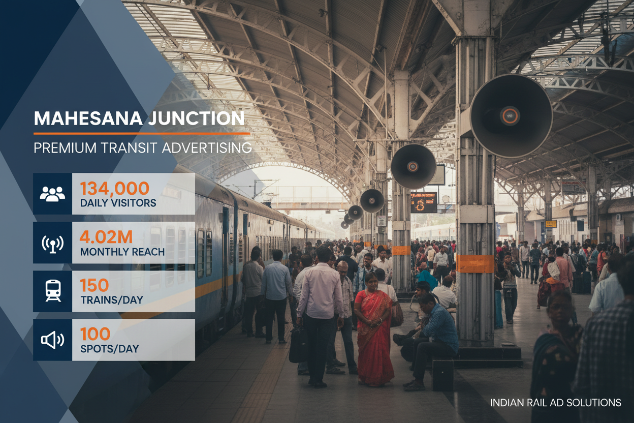 Mahesana Jn Railway Station - Announcement Advertising
Reach a substantial audience at Mahesana Jn with 134,000 daily visitors and 4.02 million monthly commuters through audio announcements.
Station Statistics:
Total Trains/Day: 150
Average Trains/Day: 67
Daily Visitors Reach: 134,000 passengers
Monthly Visitors Reach: 4,020,000 passengers
No. of Spots/Day: 100 advertising units
Spot Duration In Sec: 15 seconds per display
Monthly FCT at Each Station: 45,000
Monthly Station Wise Cost: ₹1,50,000
create image