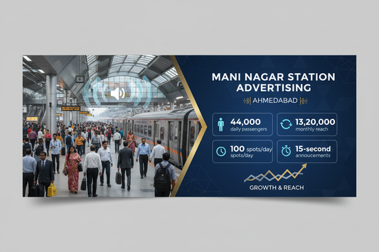 Mani Nagar (Ahmedabad) Station - Railway Announcement Advertising

Reach a substantial audience at Mani Nagar with 44,000 daily visitors and 13,20,000 monthly commuters through audio announcements.

Station Statistics
Station Name: Mani Nagar (Ahmedabad) - 52 panels
Total Trains/Day: 22 trains
Daily Visitors Reach: 44,000 passengers
Monthly Visitors Reach: 13,20,000 passengers
No. of Spots/Day: 100 advertising units
Spot Duration: 15 seconds per announcement
Monthly FCT at Each Station: 45,000
cretae img 