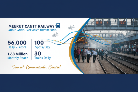 Meerut Cantt Railway Station - Announcement Advertising

Reach a substantial audience at Meerut Cantt with 56,000 daily visitors and 1.68 million monthly commuters through audio announcements.

Station Statistics:

Total Trains/Day: 30
Average Trains/Day: 28
Daily Visitors Reach: 56,000 passengers
Monthly Visitors Reach: 1,680,000 passengers
No. of Spots/Day: 100 advertising units
Spot Duration In Sec: 15 seconds per display
Monthly FCT at Each Station: 45,000
Monthly Station Wise Cost: ₹90,000