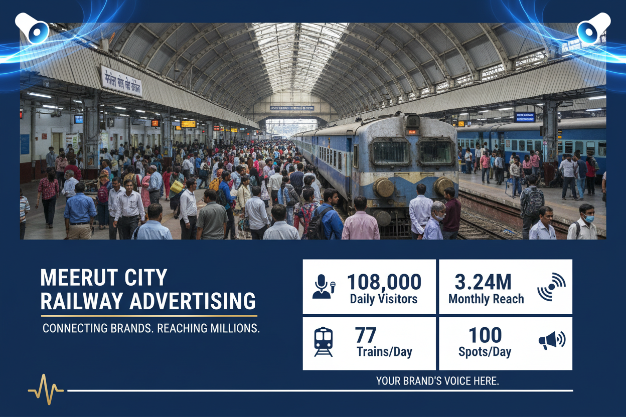 Meerut City Railway Station - Announcement Advertising

Reach a substantial audience at Meerut City with 108,000 daily visitors and 3.24 million monthly commuters through audio announcements.

Station Statistics:

Total Trains/Day: 77
Average Trains/Day: 54
Daily Visitors Reach: 108,000 passengers
Monthly Visitors Reach: 3,240,000 passengers
No. of Spots/Day: 100 advertising units
Spot Duration In Sec: 15 seconds per display
Monthly FCT at Each Station: 45,000
Monthly Station Wise Cost: ₹2,40,000