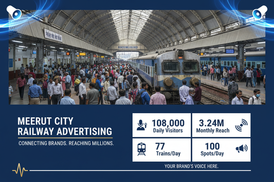 Meerut City Railway Station - Announcement Advertising

Reach a substantial audience at Meerut City with 108,000 daily visitors and 3.24 million monthly commuters through audio announcements.

Station Statistics:

Total Trains/Day: 77
Average Trains/Day: 54
Daily Visitors Reach: 108,000 passengers
Monthly Visitors Reach: 3,240,000 passengers
No. of Spots/Day: 100 advertising units
Spot Duration In Sec: 15 seconds per display
Monthly FCT at Each Station: 45,000
Monthly Station Wise Cost: ₹2,40,000