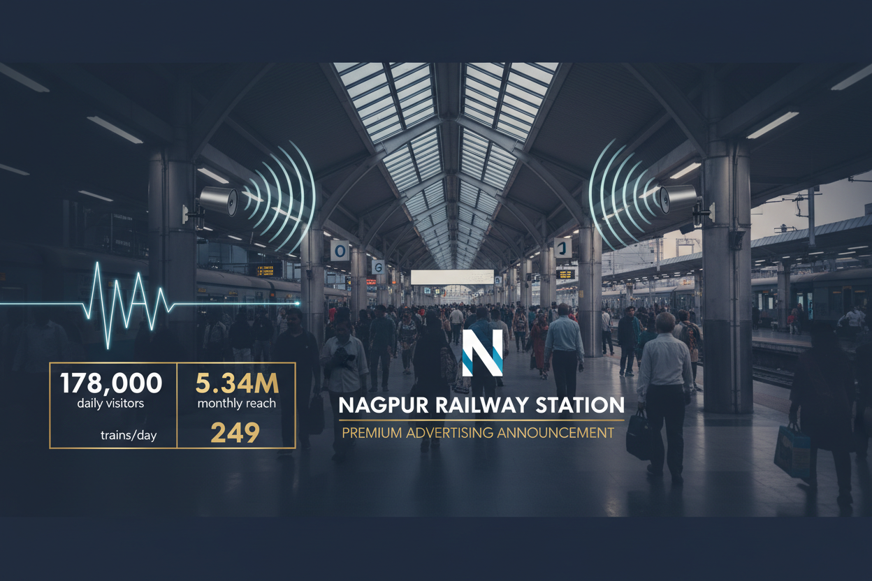 Nagpur Railway Station - Announcement Advertising

Reach a substantial audience at Nagpur with 178,000 daily visitors and 5.34 million monthly commuters through audio announcements.

Station Statistics:

Total Trains/Day: 249
Average Trains/Day: 89
Daily Visitors Reach: 178,000 passengers
Monthly Visitors Reach: 5,340,000 passengers
No. of Spots/Day: 100 advertising units
Spot Duration In Sec: 15 seconds per display
Monthly FCT at Each Station: 45,000
Monthly Station Wise Cost: ₹2,70,000
create image 