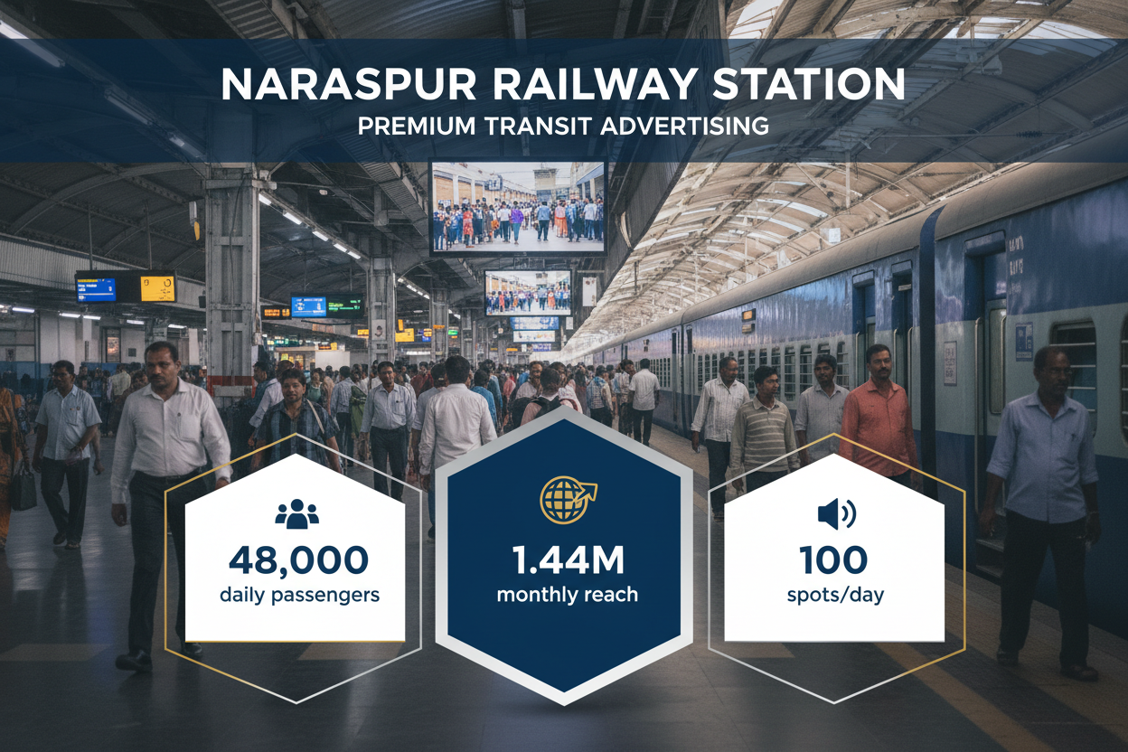 Narasapur Railway Station - Announcement Advertising

Reach a substantial audience at Narasapur with 48,000 daily visitors and 1.44 million monthly commuters through audio announcements.

Station Statistics:

Total Trains/Day: 29
Average Trains/Day: 24
Daily Visitors Reach: 48,000 passengers
Monthly Visitors Reach: 1,440,000 passengers
No. of Spots/Day: 100 advertising units
Spot Duration In Sec: 15 seconds per display
Monthly FCT at Each Station: 45,000
Monthly Station Wise Cost: ₹60,000
Create image