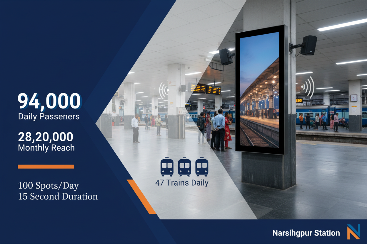 Narsinghpur Station - Railway Announcement Advertising

Reach a substantial audience at Narsinghpur with 94,000 daily visitors and 28,20,000 monthly commuters through audio announcements.

Station Statistics
Station Name: Narsinghpur (97 panels)
Total Trains/Day: 47 trains
Daily Visitors Reach: 94,000 passengers
Monthly Visitors Reach: 28,20,000 passengers
No. of Spots/Day: 100 advertising units
Spot Duration: 15 seconds per announcement
Monthly FCT at Each Station: 45,000
create image 