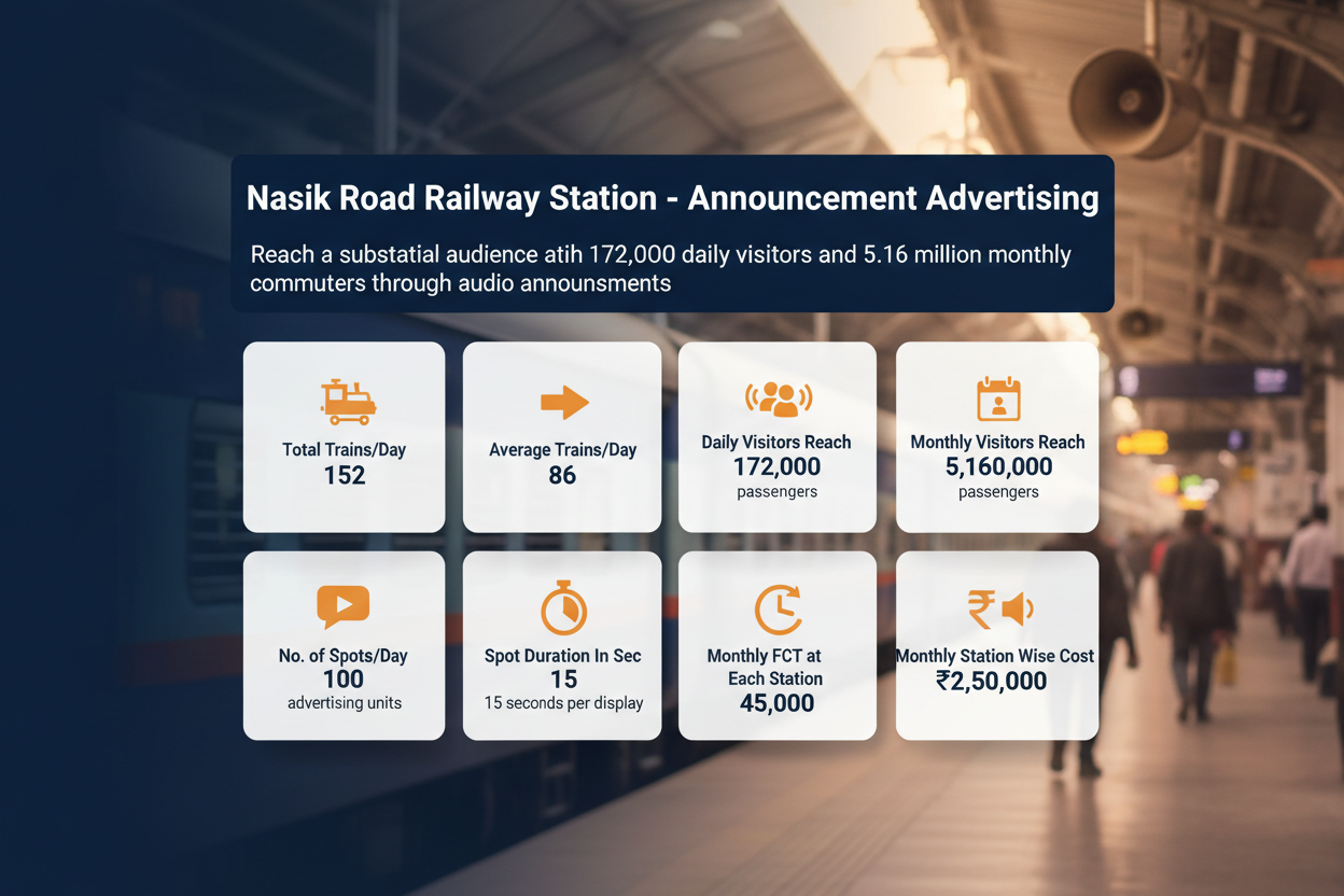 Nasik Road Railway Station - Announcement Advertising
Reach a substantial audience at Nasik Road with 172,000 daily visitors and 5.16 million monthly commuters through audio announcements.
Station Statistics:
Total Trains/Day: 152
Average Trains/Day: 86
Daily Visitors Reach: 172,000 passengers
Monthly Visitors Reach: 5,160,000 passengers
No. of Spots/Day: 100 advertising units
Spot Duration In Sec: 15 seconds per display
Monthly FCT at Each Station: 45,000
Monthly Station Wise Cost: ₹2,50,000
Create a image