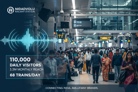 Nidadavolu Railway Station - Announcement Advertising

Reach a substantial audience at Nidadavolu with 110,000 daily visitors and 3.3 million monthly commuters through audio announcements.

Station Statistics:

Total Trains/Day: 68
Average Trains/Day: 55
Daily Visitors Reach: 110,000 passengers
Monthly Visitors Reach: 3,300,000 passengers
No. of Spots/Day: 100 advertising units
Spot Duration In Sec: 15 seconds per display
Monthly FCT at Each Station: 45,000
Monthly Station Wise Cost: ₹60,000
create iamge 