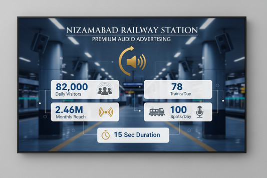 Nizamabad Railway Station - Announcement Advertising

Reach a substantial audience at Nizamabad with 82,000 daily visitors and 2.46 million monthly commuters through audio announcements.

Station Statistics:

Total Trains/Day: 78
Average Trains/Day: 41
Daily Visitors Reach: 82,000 passengers
Monthly Visitors Reach: 2,460,000 passengers
No. of Spots/Day: 100 advertising units
Spot Duration In Sec: 15 seconds per display
Monthly FCT at Each Station: 45,000
Monthly Station Wise Cost: ₹1,10,000
details on image
