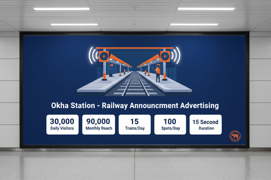 Okha Station - Railway Announcement Advertising
Reach a substantial audience at Okha with 30,000 daily visitors and 9,00,000 monthly commuters through audio announcements.
Station Statistics
Station Name: Okha (40 panels)
Total Trains/Day: 15 trains
Daily Visitors Reach: 30,000 passengers
Monthly Visitors Reach: 9,00,000 passengers
No. of Spots/Day: 100 advertising units
Spot Duration: 15 seconds per announcement
Monthly FCT at Each Station: 45,000
Monthly Station Wise Cost: ₹7q5,000
Cretae image 